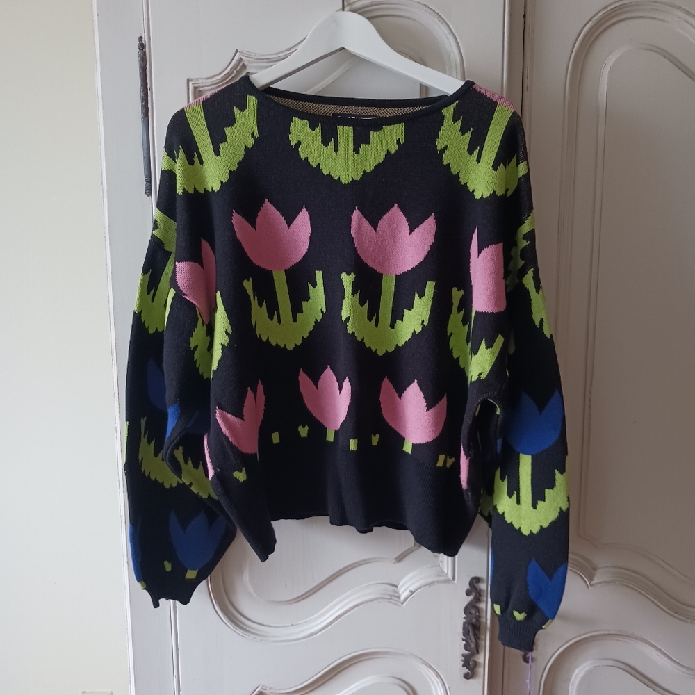 Pastiche Floral Patterned Sweater - Black, Pink, Green, Blue